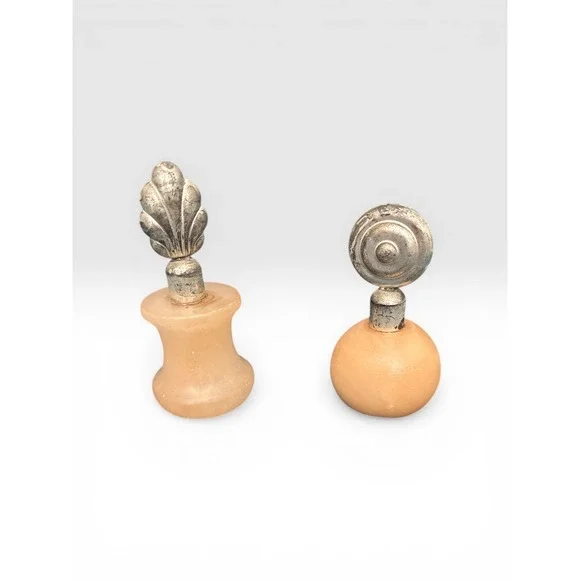 Vintage Peach Alabaster Stone Perfume Bottles Silver Shell Target Stopper Set 2 - Picture 2 of 4